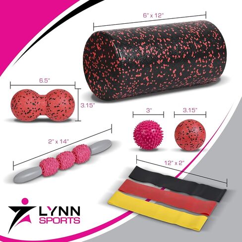 مجموعة أدوات التمرين الإسفنجية عالية الكثافة | 8 في 1 + حقيبة حمل (EVA Muscle Roller ick، 3 كرات تدليك و3 أربطة مقاومة) - علاج طبيعي لمنع الإصابات وتدليك الأنسجة العميقة، وردي in Saudi Arabia