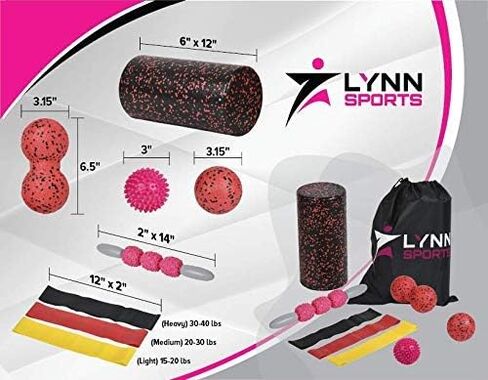مجموعة أدوات التمرين الإسفنجية عالية الكثافة | 8 في 1 + حقيبة حمل (EVA Muscle Roller ick، 3 كرات تدليك و3 أربطة مقاومة) - علاج طبيعي لمنع الإصابات وتدليك الأنسجة العميقة، وردي in Saudi Arabia