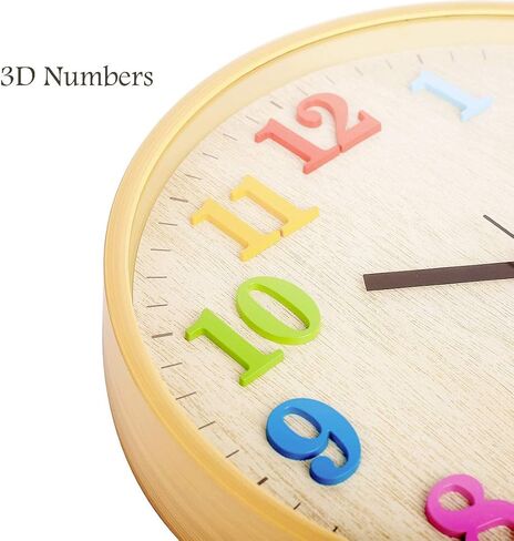 ساعة حائط ذات مظهر خشبي مقاس 12 بوصة صامتة غير موقوتة بأرقام ثلاثية الأبعاد ملونة وساعة دائرية مزخرفة لغرفة المعيشة وغرفة النوم والمكتب غير متضمنة - بني فاتح in Kuwait