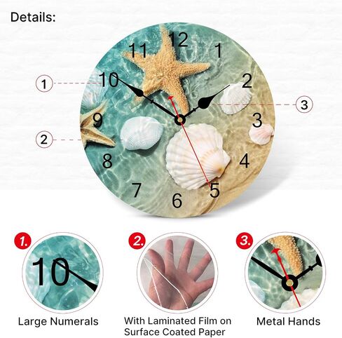 TAHEAT Marine Seashell Starfish Wall Clock, Silent Non Ticking Decorative Clocks, Battery Operated Easy to Read Wall Clock for Home Office School, 14 Inch in Saudi Arabia