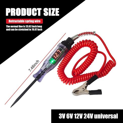 قلم صيانة دائرة مسبار طويل لجهد السيارة قطعة واحدة من Ajxn، قلم اختبار شاشة رقمية بمستشعر متعدد الوظائف 3-48 فولت 7.48 بوصة، مع سلك زنبركي تلسكوبي ممتد، متوافق مع معظم موديلات السيارات (أحمر) in Kuwait