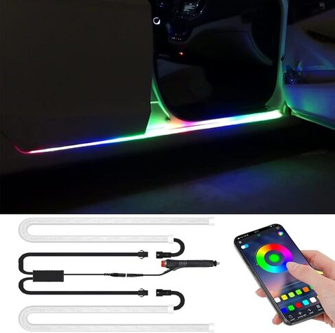 شريط إضاءة LED للسيارة، قطعتان من شرائط أضواء لوحة تشغيل الباب المرنة مقاس 70.86 بوصة، التحكم في التطبيق 16 مليون لون، مجموعات إضاءة نيون مقاومة للماء، أضواء الجو الخارجي للسيارة مع شاحن سيارة in Kuwait