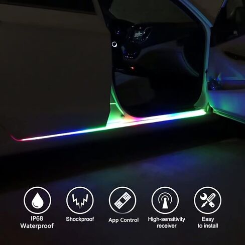 شريط إضاءة LED للسيارة، قطعتان من شرائط أضواء لوحة تشغيل الباب المرنة مقاس 70.86 بوصة، التحكم في التطبيق 16 مليون لون، مجموعات إضاءة نيون مقاومة للماء، أضواء الجو الخارجي للسيارة مع شاحن سيارة in Kuwait