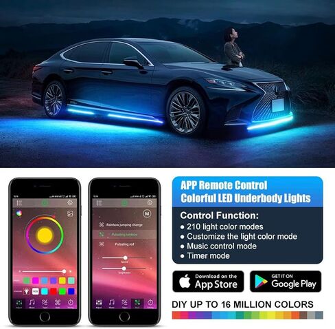 شريط إضاءة LED للسيارة، قطعتان من شرائط أضواء لوحة تشغيل الباب المرنة مقاس 70.86 بوصة، التحكم في التطبيق 16 مليون لون، مجموعات إضاءة نيون مقاومة للماء، أضواء الجو الخارجي للسيارة مع شاحن سيارة in Kuwait