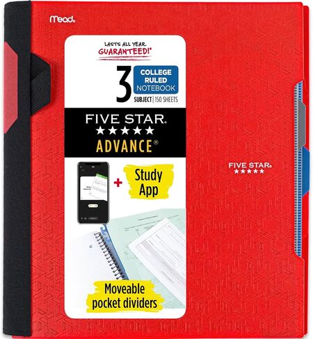 دفاتر ملاحظات Five Star Advance Spiral + تطبيق دراسة، عبوتان، 3 موضوعات، ورق مسطر للكلية، 11 بوصة × 8-1/2 بوصة، 150 ورقة، مع واقي حلزوني وفواصل متحركة، أحمر، أبيض (820111) in Saudi Arabia