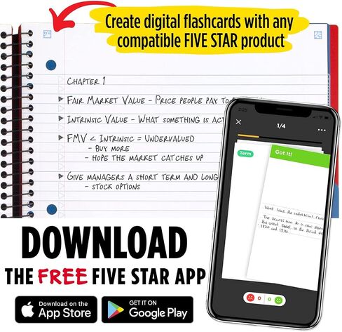 دفاتر ملاحظات Five Star Advance Spiral + تطبيق دراسة، عبوتان، 3 موضوعات، ورق مسطر للكلية، 11 بوصة × 8-1/2 بوصة، 150 ورقة، مع واقي حلزوني وفواصل متحركة، أحمر، أبيض (820111) in Saudi Arabia