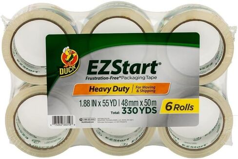 شريط تغليف Duck EZ Start، 6 بكرات، 330 ياردة، شريط تغليف شفاف للبريد والنقل والشحن والتخزين، بكرات إعادة تعبئة شريط بدء هادئة وسهلة للصناديق والشحن، 1.88 بوصة × 55 ياردة. (287862) in Saudi Arabia