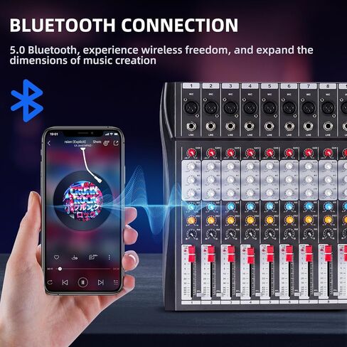 خلاط صوت 12 قناة، لوحة مزج دي جي احترافية لاسلكية، خلاط صوت بلوتوث مع MP3/USB، خلاط دي جي بقوة 48 فولت مع تأثيرات، لوحة صوت، مدخل/مخرج RCA للاستوديوهات والمبتدئين in Saudi Arabia