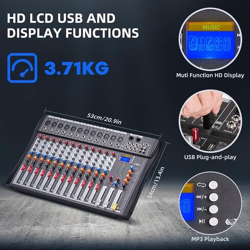 خلاط صوت 12 قناة، لوحة مزج دي جي احترافية لاسلكية، خلاط صوت بلوتوث مع MP3/USB، خلاط دي جي بقوة 48 فولت مع تأثيرات، لوحة صوت، مدخل/مخرج RCA للاستوديوهات والمبتدئين in Saudi Arabia