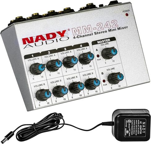 Nady MM-242 خلاط صغير 4 ستيريو / 8 قنوات أحادية مع وضع أحادي/ستيريو، مدخلات ومخرجات ¼ بوصة - تعمل بالبطارية ومحول تيار متردد متضمن in Kuwait