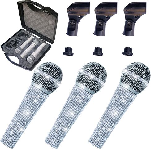 Silver Bling Cardioid Vocal Dynamic Microphone Kit for Singing, Karaoke Mic with Case and Bling Ribbon Spark Crystal Sleeve Cover to Shine Wired Mic Handheld (Not Including Cable) in Saudi Arabia