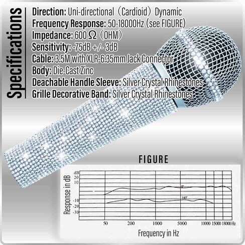 Silver Bling Cardioid Vocal Dynamic Microphone Kit for Singing, Karaoke Mic with Case and Bling Ribbon Spark Crystal Sleeve Cover to Shine Wired Mic Handheld (Not Including Cable) in Saudi Arabia