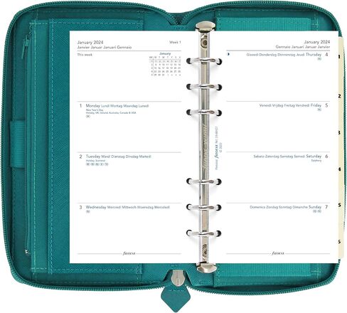 Filofax Saffiano Zip Organizer, Personal Compact Size, Aquamarine - Cross-Grain, Leather-Look, Six Rings, Week-to-View Calendar Diary, Multilingual, 2024 (C022536-24) in Saudi Arabia