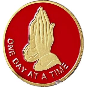 Praying Hands Coin One Day at A Time Red Color Serenity Prayer Medallion