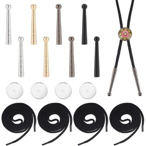 AHANDMAKER Bolo Tie Findings Cowboy Tie Bolo Tie Tips Replacement End Caps Kit Including Nylon Cords, Alloy Cord End, Blank Zinc Alloy Bolo Tie Round Slider Pack for DIY Bolo Tie Making