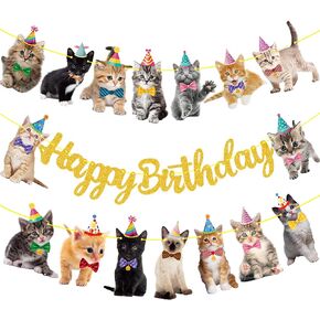 Cat Birthday Banner Kitten Party Decorations Gold Glitter Happy Birthday Banner for Pet Kitten Theme Party Supplies