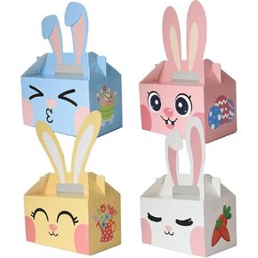 Rarapop 12Pcs Easter Treat Boxes Rabbit Ears Gable Box with Handle, 6.3 x 3.5 x 3.5 Inch Bunny Snack Candy Gift Boxes for Easter Basket Party Favor Gifts