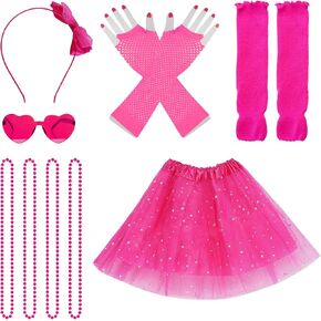 80s Costume Accessories 90s Neon Tutu Outfit 80s 90s Theme Neon Party Fancy Cosplay Outfit (Rose red)