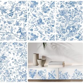 Vintage Rub on Transfers for Crafts - 4 Sheets Large Blue Flower Furniture Transfer Decals Floral Bird Designs UV DTF Stickers for Wood DIY Home Decor 7.68x11.4 Inch