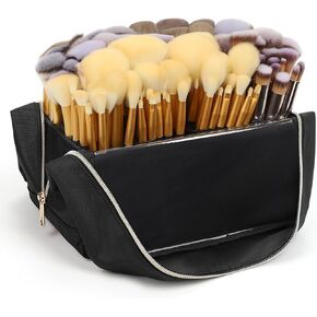 Large Makeup Brush Holder, Portable Stand-up Makeup Brush Organizer Bag, Foldable Makeup Brush Travel Case with Detachable Dividers, Professional Artist Makeup Brush Storage Bag (Brushes Not included)
