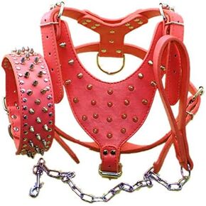 Breed Leather Spiked Studded Dog Harness,Collar & Leashes 3Pcs Set for Medium & Large Dog Pit Bull,Mastiff, Boxer, Bull Terrier (Spikes Gold Brown, M)