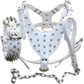 Breed Leather Spiked Studded Dog Harness,Collar & Leashes 3Pcs Set for Medium & Large Dog Pit Bull,Mastiff, Boxer, Bull Terrier (Spikes Gold Brown, M) in Kuwait