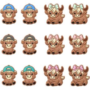 DanLingJewelry 12Pcs Brown Highland Cow Silicone Focal Beads Cute Cattle Animal Silicone Spacer Beads for Pens Keychain Jewelry Making