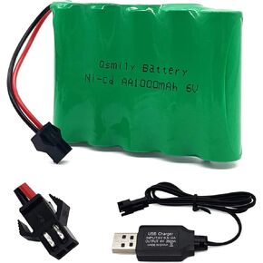 Qsmily® 4.8V RC Battery, SM Connector, 1000mAh Rechargeable Ni-Cd Battery Pack with Charge Cable, Suitable for RC Car, 4WD Off-Road Military RC Truck, RC Excavator, RC Climbing Vehicle