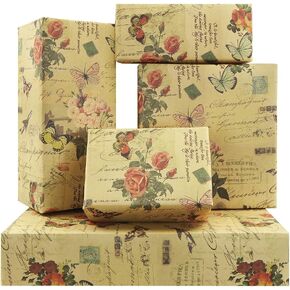 Retro Pink Roses Blossom Branches and Butterflies With Script Writing On Tan Wrapping Paper 28"(W) x20"(L) per sheet (6 sheets: 23 sq. ft. ttl.) for Birthday Weddings Valentines Bridal Shower