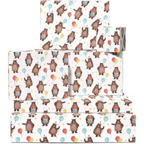 CENTRAL 23 Happy Birthday Wrapping Paper For Boys And Girl - 6 Sheets Eco Gift Wrap - Baby Animal Wrapping Paper - Cute Bear Print For Kids - Comes With Fun Stickers - Recyclable