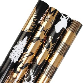 LDGOOAEL Christmas Wrapping Paper Roll with Cut Lines on Reverse - Black Gold with Glitter Metallic Foil Shine for Holiday, Birthday, Wedding, Baby Shower - 4 Roll - 30Inch X 10Feet Per Roll