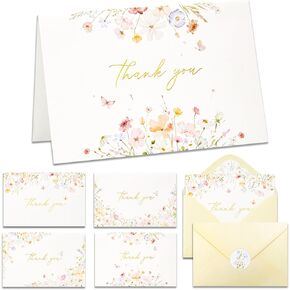 Crisky Floral 4 Assorted Thank You Cards (50 Pack) with Envelopes & Stickers Greeting Cards Bulk, Watercolor Delicate Wildflower for Birthday, Baby Shower, Wedding, Graduation