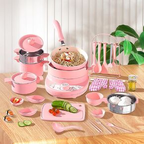 Kid Cooking Set Real Safe Easy Montessori Kitchen Tools, Utensils Includes Stove Burner Aprons Cooking Tool etc for Real Food Making Aged 8-12 Educational Toys (Green)