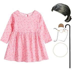 IBTOM CASTLE 100 Days of School Costume Old Lady Costume for Toddler Girls Grandma Dress Wigs Fancy Dress