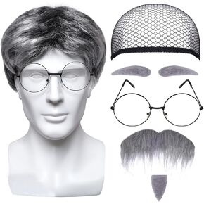 4Pieces Old Man Costume Wig Set Grandpa Costume Accessories Gray Wig Fake Beard Wig Cap Faux Eyebrows Glasses Mustache