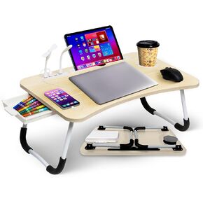 Aerolife Portable Laptop Bed Desk, Foldable Laptop Table with USB Port, Storage Drawer, Cup Holder & Tablet Slot, Adjustable Lap Desk Stand - Natural