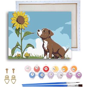 Ginfonr Framed Paint by Numbers Kit for Adults, Dog Acrylic Paint by Numbers on Canvas, Sunflower Oil Painting for Beginner with Brushes, Adults Paint-by-Number Kits for Home Wall Decor (8x12inch)