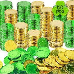 120Pcs St Patricks Day Shamrock Coins, Green Gold Plastic Lucky Coins Clover Leprechaun Coins Table Sprinkles for St. Patrick's Day Party Decoration