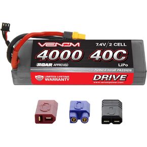 Venom Drive Series 40C 2S - 4000mAh 7.4V LiPo RC Battery - Universal 2.0 Plug, Lithium Polymer 2 Cell - Soft Silicone Connector & Compatible w/Traxxas, Deans, EC3, 2WD, 4WD, Truck & Buggies