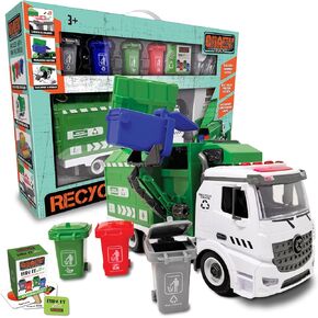 1:16 Scale Recycling Garbage Truck Toy with Lights & Sounds, 4 Recycle Cans, 40 Flash Cards, Tools – DIY Take-Apart for Kids – Realistic Mechanical Arm for Lift & Dump Trash Play
