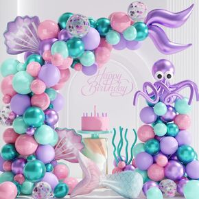 Mermaid Balloon Arch Kit 12/18in Pink Purple Teal Metallic Confetti Balloons with Octopus Mermaid Tail Shell Foil Balloons for Mermaid Theme Party Decorations