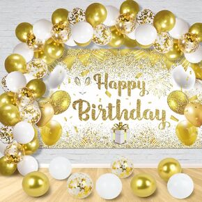 41Pcs Gold White Birthday Party Decorations, Gold and White Happy Birthday Backdrop Banner and 40Pcs Gold White Confetti Balloons Arch Kit for Women Men Girls Birthday Party Decoration