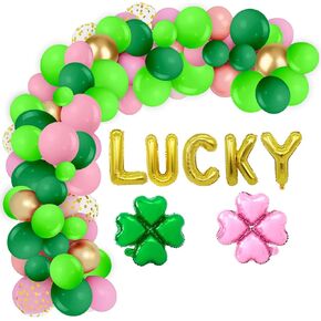 St. Patrick's Day Balloon Garland Arch Kit LUCKY Foil Balloons Pink leaf clover foil balloon for St. Patrick's Day Party Decorations Irish Birthday Party Supplies