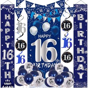 16th Birthday Decorations for Boys Girls, Navy Blue 16th Birthday Party Decorations, Happy 16th Birthday Door Banner Sign, 16 Years Old Party Supplies Teenagers Bday Backdrop Balloons Hanging Decors