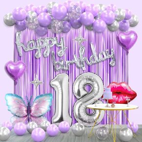 Purple Birthday Party Decorations for Girls Women, Lavender Purple and Sliver Butterfly Party Decor Set Including Happy Birthday Banner, Balloons Arch Kit,Fringe Curtain Background
