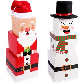 Haysandy 2 Set Snowman and Santa Christmas Box Decoration Xmas Decorative Stacking Boxes with Lids Stackable Nesting Gift Boxes with Santa and Snowman Hats for Christmas Presents Home Party decoration