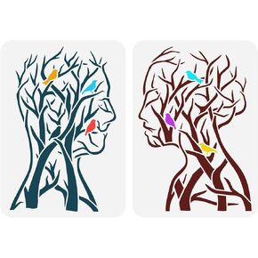 FINGERINSPIRE 2PCS Tree of Life Stencil 11.7x8.3 inch Man Woman Painting Stencil Branch Bird Craft Stencils Human Shape Tree Stencil Template for Painting on Wood Wall Fabric Home Decor