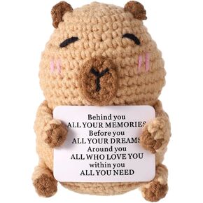 Funny Positive Crochet Capybara, Creative Cute Capybara Plush Figure with Positive Card Uplifting Knitted Figure Potato Happy Capybara Soft Doll Cheer up Keepsake Gift for Office Party Decorations