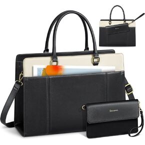 RAINSMORE Laptop Bag for Women 15.6 inch Leather Laptop Tote Bag Large Computer Bags Waterproof Business Office Work Bags Briefcase with Satchel Purse 2pcs Set, Black