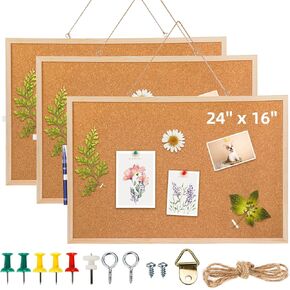 Lyellfe 3 Pack Cork Boards for Walls, Large Bulletins Board with Frame, Push Pins, 24''L x 16''W Thick Notice Board for Office School Home Decor, Two-Side Cork